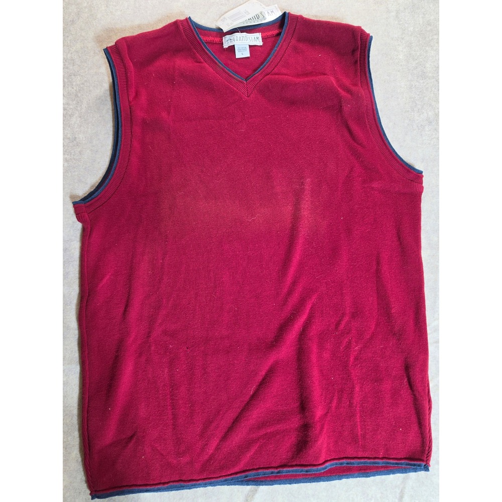 Grand Slam Munsingwear Red Cotton V-Neck Sweater Vest Navy Trim Mens Large USA
